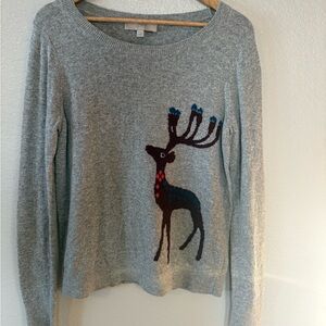 LOFT Gray Sweater with Colorful Reindeer